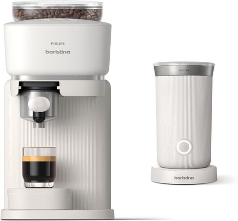 Philips Baristina Espresso Machine+Milk Frother Bundle. Real espresso. Compact coffee machine, portafilter, grinder, Cafe Crema. Dairy & Non-Dairy Milk foam​. Hot & Cold. Easy Clean. White (BAR303/00) in Saudi Arabia