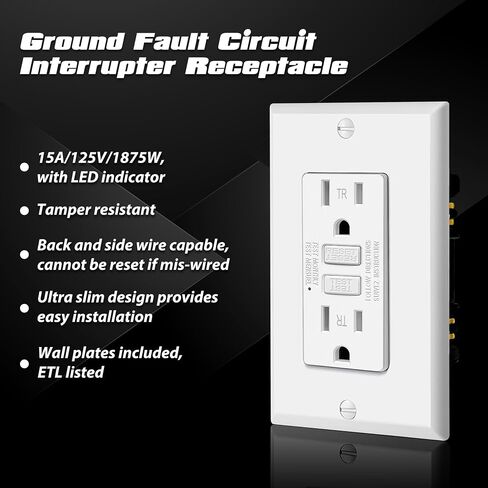 منافذ ELECTECK 15 أمبير GFCI، مقاومة للتلاعب، أوعية GFI للاختبار الذاتي مع مؤشر LED، قاطع دائرة الصدع الأرضي، لوحة حائط بدون براغي للديكور، مدرجة في قائمة ETL، أبيض in Saudi Arabia