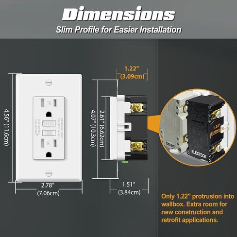 منافذ ELECTECK 15 أمبير GFCI، مقاومة للتلاعب، أوعية GFI للاختبار الذاتي مع مؤشر LED، قاطع دائرة الصدع الأرضي، لوحة حائط بدون براغي للديكور، مدرجة في قائمة ETL، أبيض in Saudi Arabia
