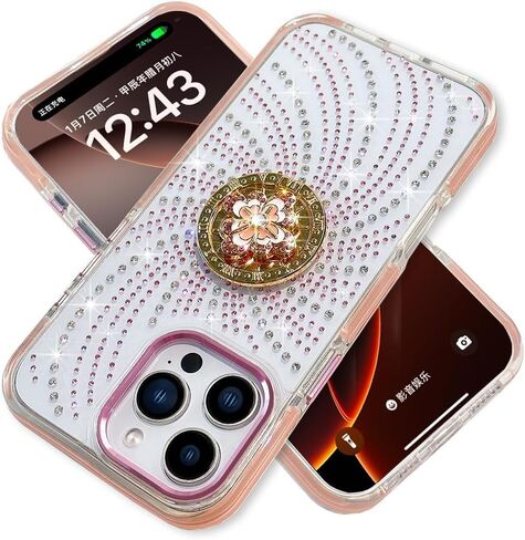 بالنسبة إلى iPhone 16 Pro Max Case for Women Girls ، تصميم Bling Glitter Rhinestone مع موقف حلقة زهرة عجلة الغزل ، Cute Girly Sparkle Diamond Clear TPU Pumper Phone for iPhone 16 Pro Max in Kuwait