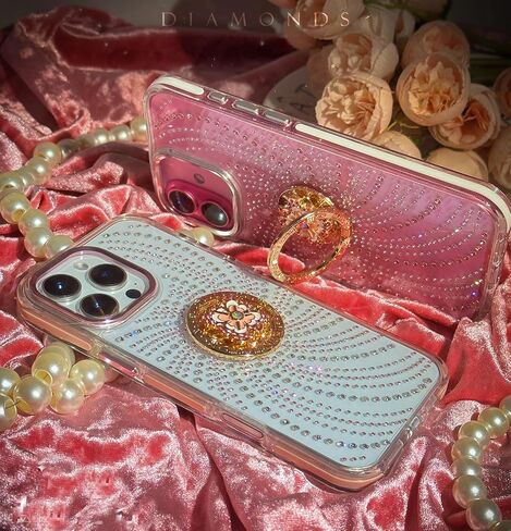 بالنسبة إلى iPhone 16 Pro Max Case for Women Girls ، تصميم Bling Glitter Rhinestone مع موقف حلقة زهرة عجلة الغزل ، Cute Girly Sparkle Diamond Clear TPU Pumper Phone for iPhone 16 Pro Max in Kuwait
