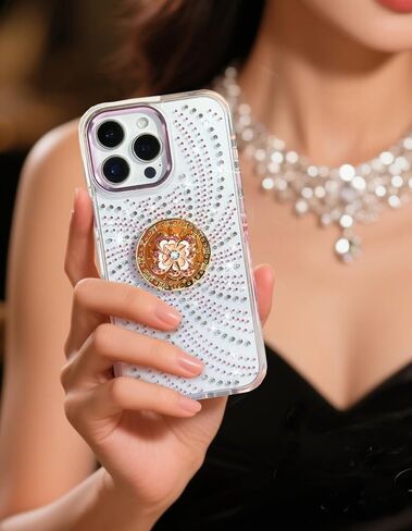 بالنسبة إلى iPhone 16 Pro Max Case for Women Girls ، تصميم Bling Glitter Rhinestone مع موقف حلقة زهرة عجلة الغزل ، Cute Girly Sparkle Diamond Clear TPU Pumper Phone for iPhone 16 Pro Max in Kuwait