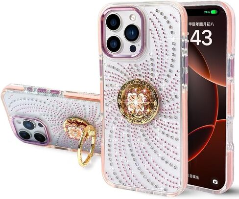 بالنسبة إلى iPhone 16 Pro Max Case for Women Girls ، تصميم Bling Glitter Rhinestone مع موقف حلقة زهرة عجلة الغزل ، Cute Girly Sparkle Diamond Clear TPU Pumper Phone for iPhone 16 Pro Max in Kuwait