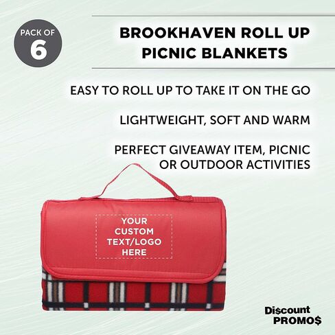 DISCOUNT PROMOS Custom Brookhaven Roll Up Picnic Blankets Set of 6, Personalized Bulk Pack - Great Outdoor Blanket for Camping, Picnic, Beach, Sports, Outdoor Activities - Red in Kuwait