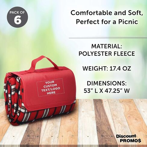 DISCOUNT PROMOS Custom Brookhaven Roll Up Picnic Blankets Set of 6, Personalized Bulk Pack - Great Outdoor Blanket for Camping, Picnic, Beach, Sports, Outdoor Activities - Red in Kuwait