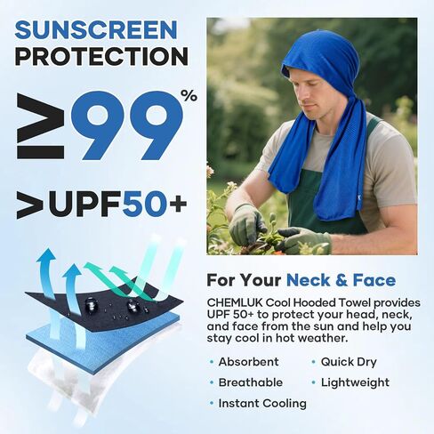 Cooling Hoodie Towel - Cooling Towels for Neck and Face, Instant Cool When Wet, UPF 50 Sun Protection, Cool Towel for Hot Weather, Great for Sports, Gym, Golf, Camping - Blue in Saudi Arabia