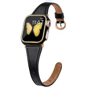 Slim Genuine Leather Band and Black Gold Frame Case Compatible with Apple Watch 40mm 38mm 41mm 42mm 44mm Women, Thin Luxury Texture Strap for iWatch Series 10 9 8 7 6 5 4 3 2 1and SE
