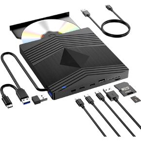 External CD DVD Drive for Laptop, Ultra Slim CD Burner USB 3.0 with 2 USB C Ports and 2 TF/SD Card Slots, DVD Player for Laptop, Mac, PC, Windows 11/10/8.1/7 Linux OS