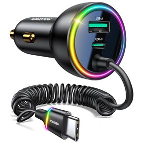 Rocoren 70W Car Charger for iPhone 16/15 Pro Max, USB C Car Charger Fast Charging with 5.2Ft Type C Coiled Cable, Super Fast USBC Phone Cigarette Lighter Adapter for iPhone 16e, iPad, Samsung,Android