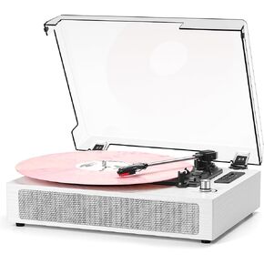 Vinyl Records Player Bluetooth with Bulit-in Speaker Vintage Record Player with USB Recording EQ Mode Support Belt-Driven 3-Speed Turntable AUX-in RCA Out, White