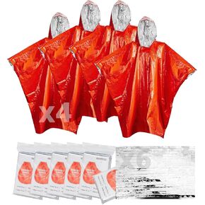 Thermal Blanket (6-Piece) and Rainproof Poncho(4-Piece),Outdoor Emergency Poncho and Mylar Blanket Liner,Waterproof Space Mylar Blankets and rain Poncho for Camping or Car Emergencies