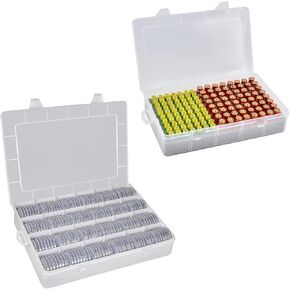 Battery Storage Organizer Case, Battery Vault Box Holder Container for 134pcs AA AAA Batteries, 168 Pcs 46mm Coin Capsules with Foam Gasket and Plastic Storage Organizer Box