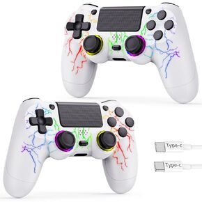 GamingBoy 2 Pack Wireless Controller for PS4, LED Controller for Ps4/Slim/Pro/PC with Adjustable RGB Light-up,Hall Effect Joystick,Dual Vibration,6-Axis Gyro,1000mAh Battery,USB C Port- White