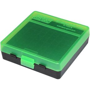 MTM Plastic Ammo Box, Clear Green/Black 100 Round 38/357