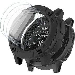 [1+4Pack] علبة مع واقي شاشة زجاجي مقسى متوافق مع Garmin Instinct 2x Solar (الطبعة القياسية/التكتيكية) ، التغطية الكاملة الواقية للحالات الناعمة الغريزة 2x Solar