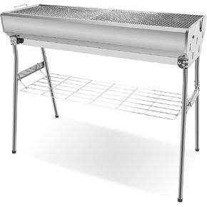 Portable Charcoal Grill, Foldable Stainless Steel Grill with Storage Shelf and non-slip feet - ideal for outdoor Kabob cooking, picnics and camping