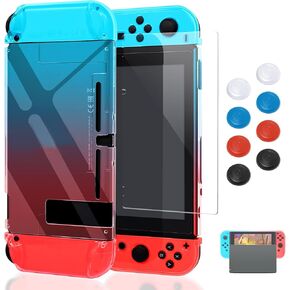 Case Compatible with Nintendo Switch, Fit The Dock Station, Protective Accessories Cover Compatible with Joy Con Controller and Console Dockable with a Tempered Glass Screen Protector, Blue & Red