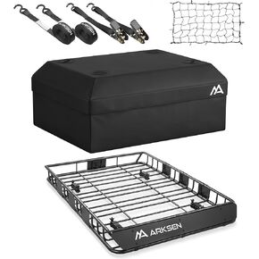 ARKSEN 54 x 39 x 5 Inch Upgrade Universal Roof Rack with Waterproof Bag, Cargo Net&2 Ratchet Straps - 150Lbs Capacity Heavy Duty Rooftop Cargo Carrier with Extension for Car, SUV & Pickup