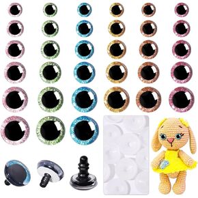 MUCUNNIA 180 Pcs 3D Glitter Safety Eyes for Amigurumi with Washers 12-30mm Trapezoid Safety Eyes for Crochet Animals Doll Eyes for Crocheting Stuffed Animal Eyes for DIY Christmas Decoration(6 Colors)