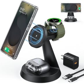 Magnetic Wireless Charger for Samsung, 3 in 1 Charging Station Compatible with MagSafe Samsung Charger for Galaxy S25 Ultra S24 Z Fold6/Flip6, Watch Charger Stand for Galaxy Watch Ultra 7 6, for Buds