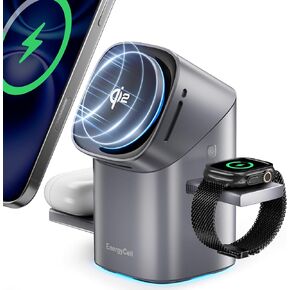 Rotating Wireless Charger, Qi2 Certified 2X Faster 15W for iPhone Charging Station 16/15/14/13/12, Apple Watch, AirPods, 3 in 1 Charging Station Apple Magnetic with Heat Dissipation, Grey