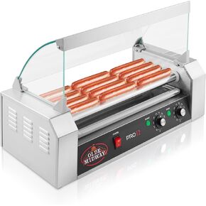 Olde Midway Electric 30 Hot Dog 11 Roller Grill Cooker Machine with Cover 1400-Watt - Commercial Grade