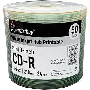 50 Pack Smartbuy Mini CD-R 3-inch 24X 210MB 24Min White Inkjet Hub Printable Blank Media Recordable Disc