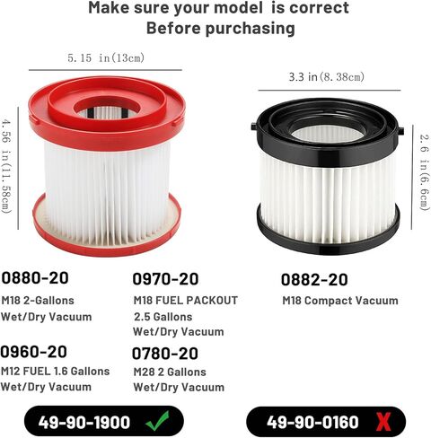 2 Pack 49-90-1900 Wet/Dry Vacuum HEPA Filter Replacement Compatible with Milwaukee Cordless Vacuum - for Milwaukee Cordless M18 M12 M28 vacuums 0780-20,0880-20,0960-20, 0970-20 in Kuwait