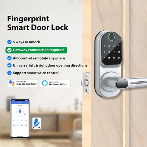 CATCHFACE Smart Fingerprint Lock - Keyless Entry Door Lock with Reversible Handle - Silver in Kuwait
