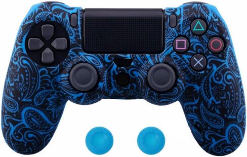 Water Transfer Printing Camouflage Silicone Cover Skin Case for Sony PS4/slim/Pro Dualshock 4 Controller with Thumb Grips x 2 (Blue Leaves) in Saudi Arabia