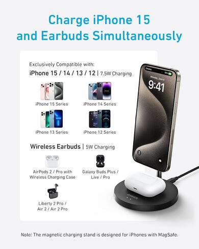 Anker iPhone 16 Wireless Charging Stand, PowerWave 2-in-1 Magnetic Stand Lite with USB-C Cable, for iPhone 16/16 Pro/16 Plus/16 Pro Max/15/14/13 Series, AirPods 2/Pro (No AC Adapter) in Saudi Arabia
