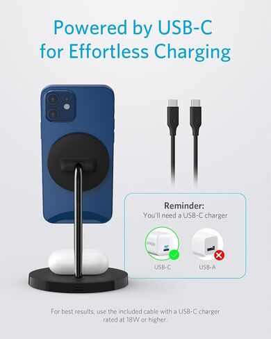 Anker iPhone 16 Wireless Charging Stand, PowerWave 2-in-1 Magnetic Stand Lite with USB-C Cable, for iPhone 16/16 Pro/16 Plus/16 Pro Max/15/14/13 Series, AirPods 2/Pro (No AC Adapter) in Saudi Arabia