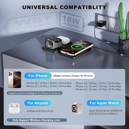 Wireless Charger for iPhone-3 in 1 Charging Station for Apple Multiple Devices, Travel Charger for iPhone 16 15 14 13 12 pro max & AirPods 4/3/Pro & Apple Watch in Saudi Arabia