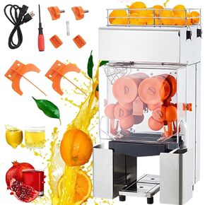 Automatic Commercial Juicer Machine, 110V Automatic Feeding Juice Extractor, 120W Orange Squeezer for 20-30 per Minute, with Pull-Out Filter Box SUS 304 Tank PP Cover and Two Peel Collecting Buckets