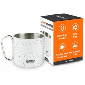asobu Campfire Mug, 12oz Camping Coffee, Compact Tea Stainless Steel Double-Wall Carabiner Handle for Outdoor Adventures, Mug for Travel, Hiking, Gifts for Camping
