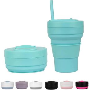 Silicone Foldable Drinking Cup for Camping Hiking,Portable Silicone Water Bottle for Hot and Cold Beverages with Straw- Blue & White