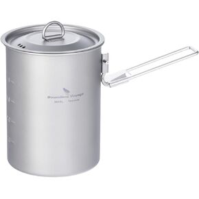 iBasingo 900ml Titanium Camping Cup with Lid Lightweight Portable Camping Pot for Backpacking Hiking Travel Cookware with Stainless Steel Foldable Handle, Ideal for Coffee, Soup, Cooking Ti2040C