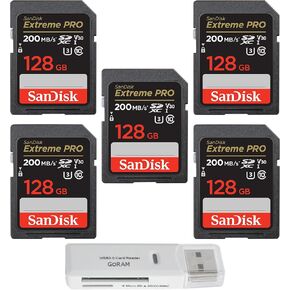 SanDisk 128GB (5 Pack) Extreme Pro SDXC UHS-I Class 10 Flash Memory C10, U3, 4k UHD, V30 SD Camera Card SDSDXXD-128G-GN4IN Bundle with (1) GoRAM Reader