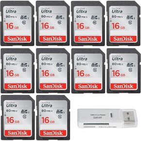 SanDisk 16GB (10 Pack) Ultra Class 10 SDHC 80MB/s UHS-I Memory Camera Card SDSDUNC-016G-GN6IN Bundle with (1) GoRAM USB 3.0 Card Reader