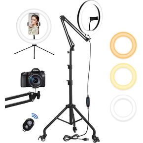 Yoobao 12" Ring Light with 81" Tripod Stand Folded Arm, Overhead Camera Mount Phone Holder with Casters, 3 Color Modes, LED Selfie Light for Video Recording Photography Live Streaming TikTok YouTube