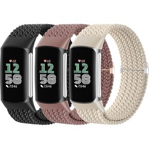 Braided Solo Loop Bands Compatible with Fitbit Charge 6/Charge 5, 3 Pack Adjustable Stretchy Wristbands Soft Woven Nylon Replacement for Fitbit Charge 5/Charge 6 Tracker Smart Watch for Women Men