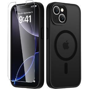LATVIN for iPhone 14 Case & iPhone 13 Case, with 1 Screen Protector, Matte Magnetic Phone Cover [Support for MagSafe] [Shockproof Military Grade Protection] Translucent Frosted Back, Black