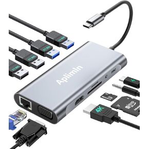 USB C Hub ، محول USB C 11 في 1 Dongle مع 4K HDMI ، VGA ، PD 100W ، 1 X USB 3.0 ، 3 X USB 2.0 Ethernet ، قارئ بطاقة SD/TF ، مقبس سماعة الرأس 3.5 مم لـ iPhone 16/15 MacBook Pro/Air ، من النوع المحبب من النوع C من النوع C للمحاكاة المحفوظة من النوع C.