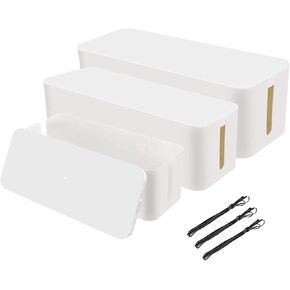[Set of 3] 3 Cable Management Boxes + 3 Wire Ties, Large Cord Box Organizers to Hold and Hide Power Strip Charger Adapter Power Cord Charging Station USB HUB (White)