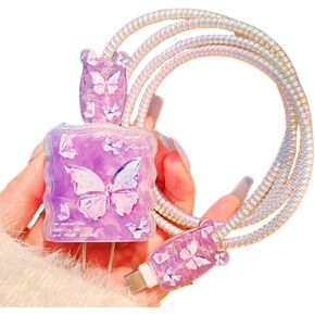 Cute Cable Protector for iPhone Charger,Aesthetics Butterfly Pattern Data Line Cable USB Wire Saver Charger Protector,Phone Charger Cover,Charging Cord Protector for iPhone 14 15 16 Pro Max-Purple in Kuwait