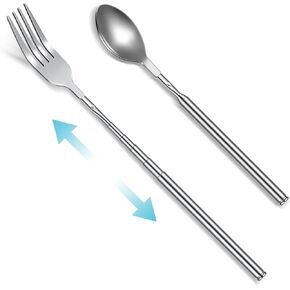 Geetery 2 Pcs Extendable Fork Spoon Set Telescopic Spoon and Long Telescoping Fork Stainless Steel Dinner Retractable Extend to 25 Inch Anti Rust Tableware Supplies for Barbecue Toasting Fruit Dessert