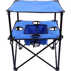 Portable Folding Camping Table with Cup Holders – Lightweight & Compact 2-Tier Outdoor Table with Storage, Ideal for Card Games, Snacks, Picnic, Tailgating & Camping (Blue + Black)