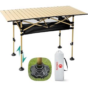 Height Adjustable Camping Table Tall Large Outdoor Folding Camping Table with Wide-Base Anti-Sink Legs & Carry Bag for Camping BBQ Beach Backyard (Black)