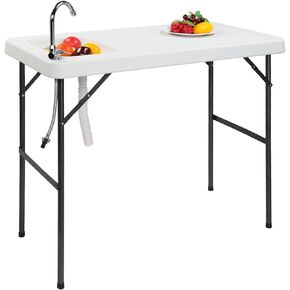 Outvita Fish Cleaning Table, Portable Folding Camping Table, 45" HDPE Outdoor Fish Cleaning Station with Sink, 360° Stainless Steel Faucet, Drainage Hose, Working Platform for Camping, Food Handling
