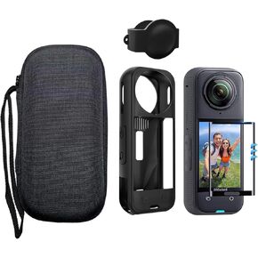 Carrying Case for Insta 360 X5 Accessories Kit - Silicone Protective Case + Silicone Lens Protector + HD Tempered Glass (4-in-1 Full Protection Kit) for Insta360 X5 Camera
